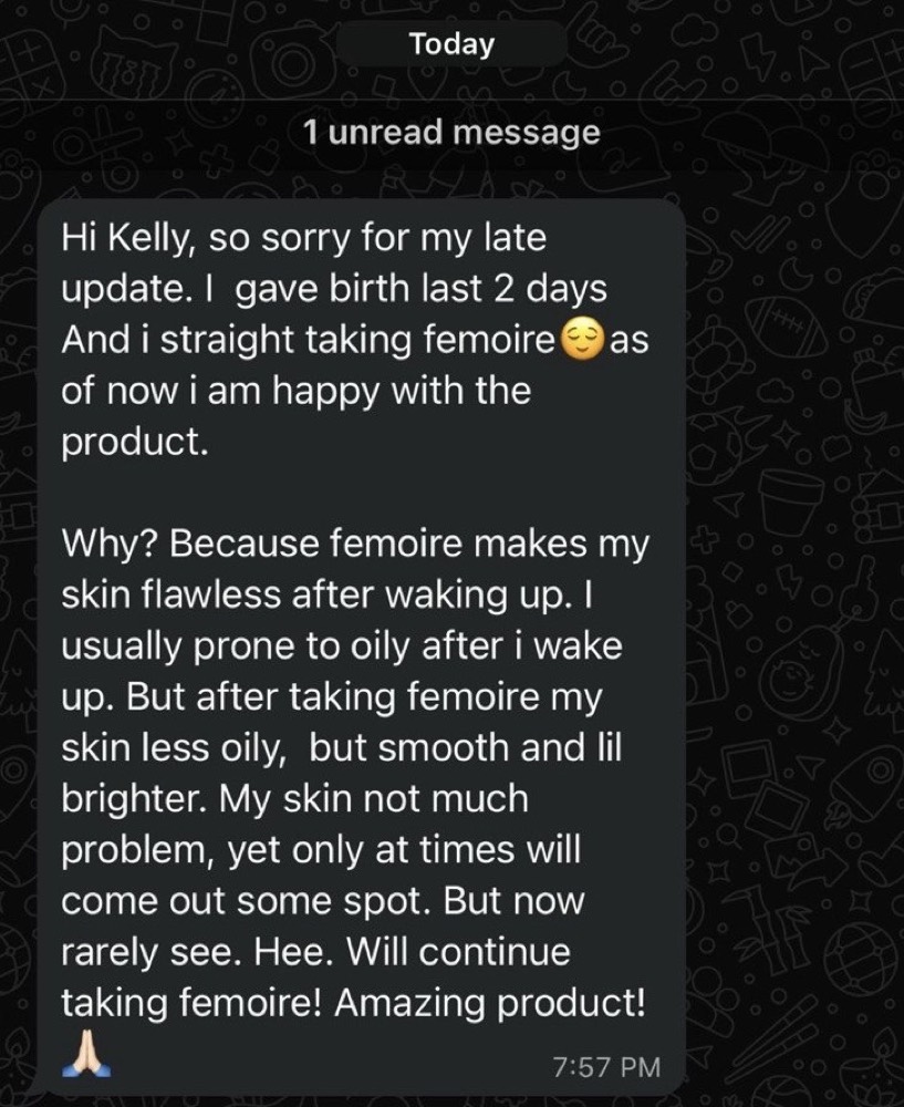 Customer WhatsApp: after giving birth, Femoire keeps skin flawless and less oily