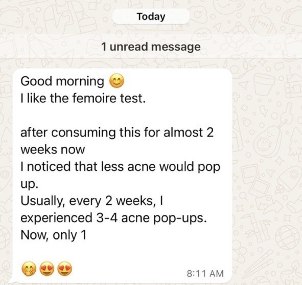 Customer WhatsApp: far fewer acne pop-ups after two weeks on Femoire
