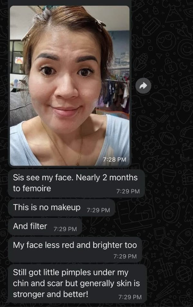 Customer WhatsApp: nearly 2 months on Femoire, skin less red and brighter