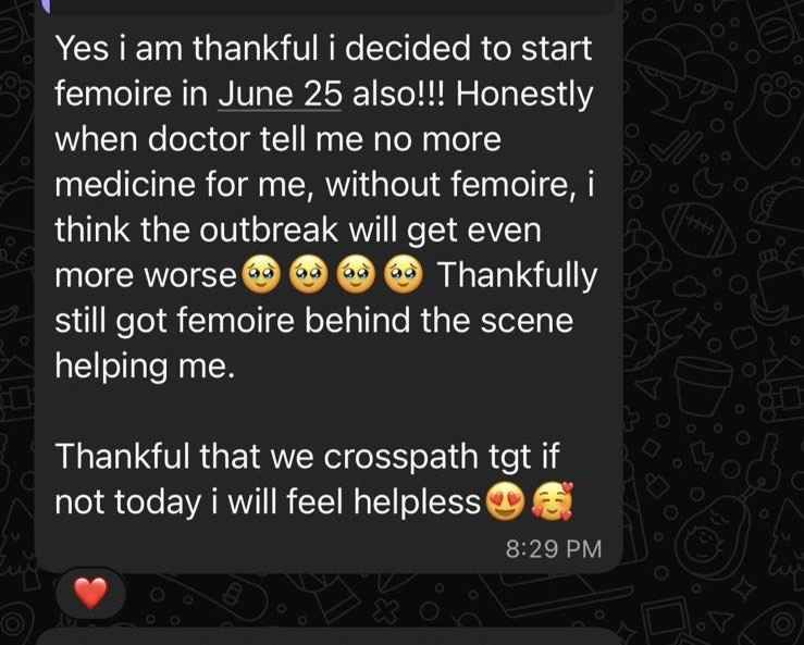 Customer WhatsApp: thankful for Femoire keeping her outbreak under control after doctor stopped her medicine