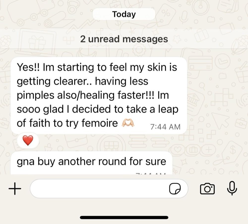 Customer WhatsApp: skin getting clearer with fewer pimples and faster healing, buying another round
