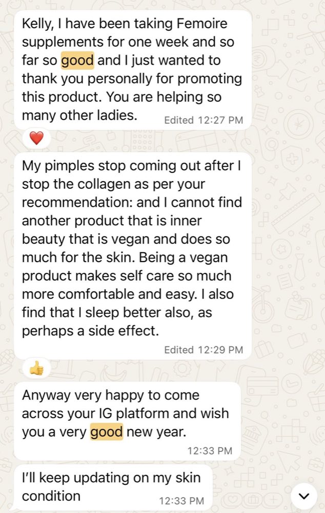 Customer WhatsApp: pimples stopped after switching to Femoire, loves that it's vegan and sleeps better